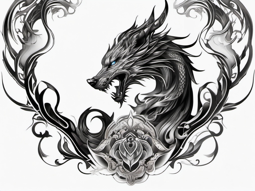 Dragon Wolf Tattoo,mystical tattoo featuring both a dragon and a wolf, combination of legend and wild spirit. , tattoo design, white clean background