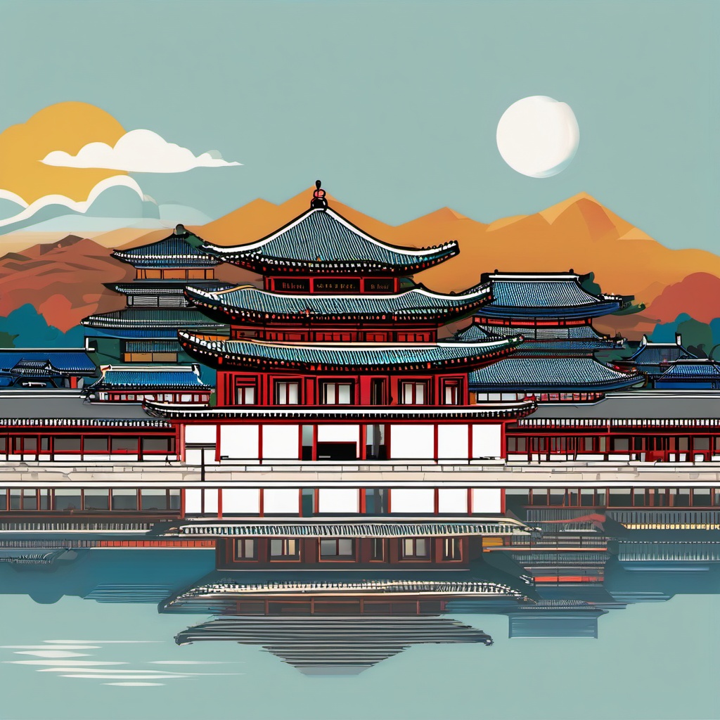 Seoul clipart - Gyeongbokgung Palace and Seoul skyline,  color clipart, vector art