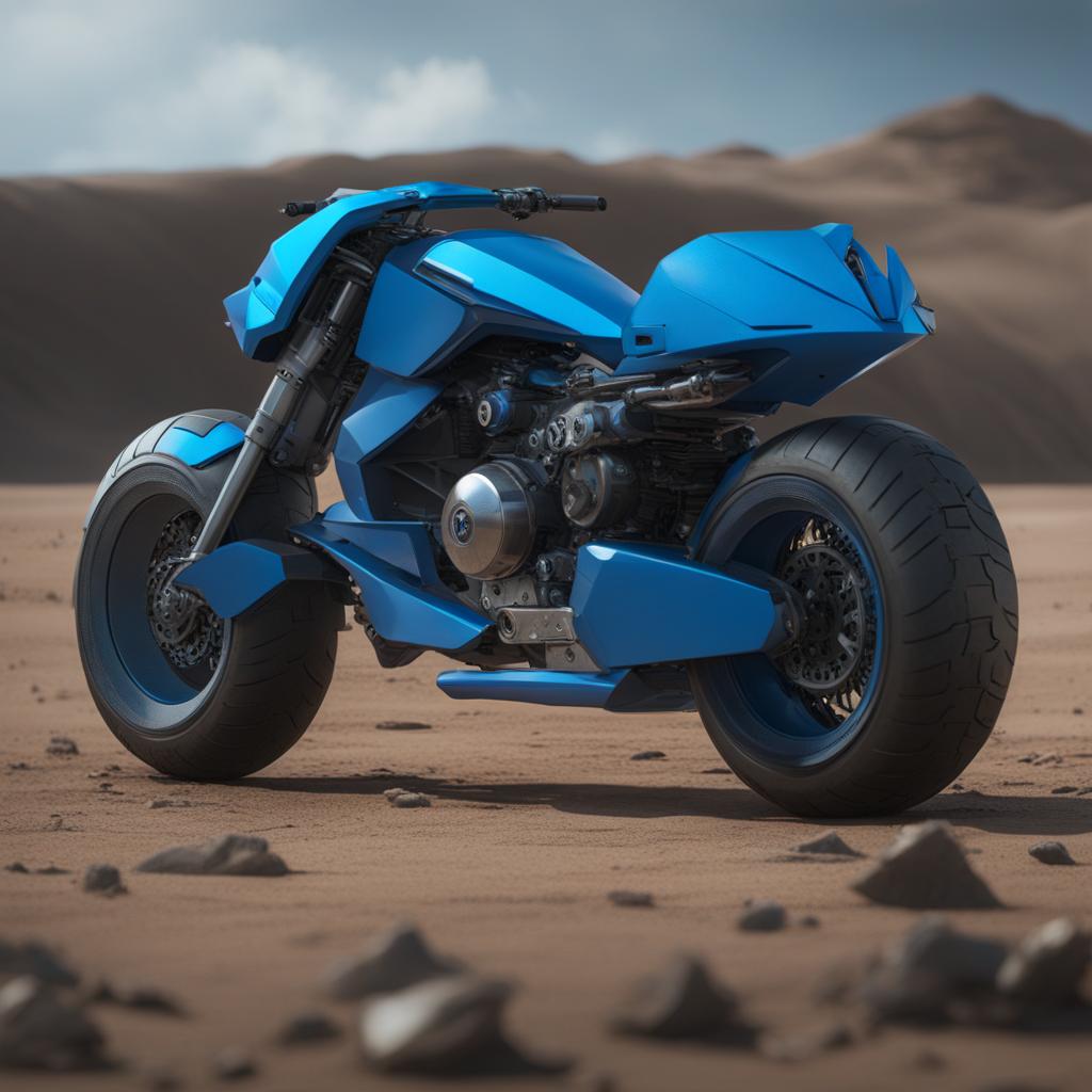 blue armoured ultra minimal x-treme ultra futuristic f1 motorbike designed by mark ryden+ jordan grimmer, in style of brutalist+cyberpunk, natural dirt and debris detail, scuffs 8k resolution, hyper realistic, detailed render, extremely complex and advanced chassis