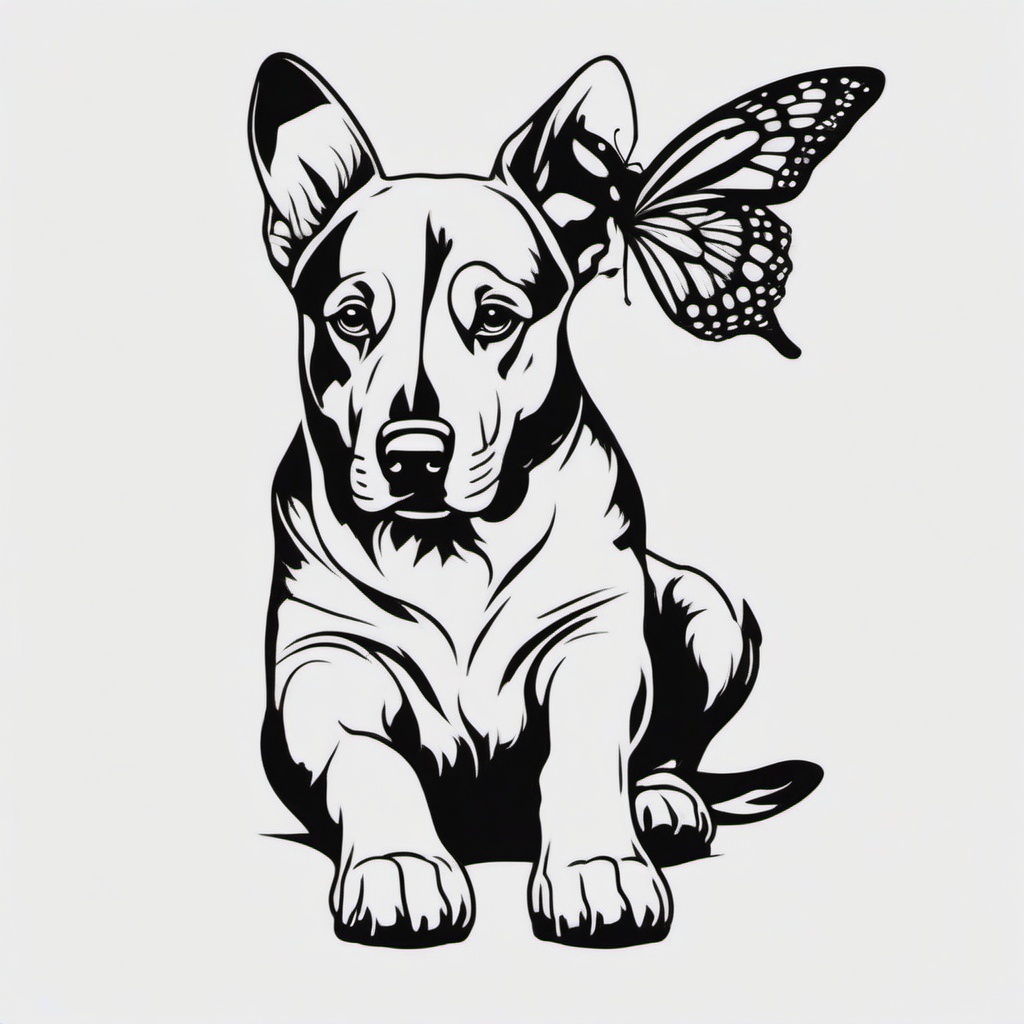 dog and butterfly tattoo  simple color tattoo, minimal, white background