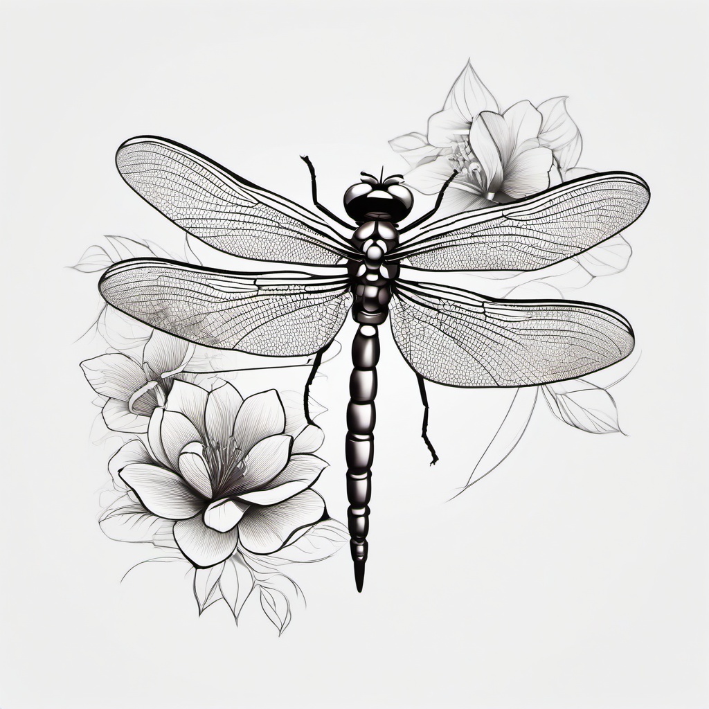 Dragonfly Flower Tattoo - Tattoo combining dragonfly and flower motifs.  simple color tattoo,minimalist,white background