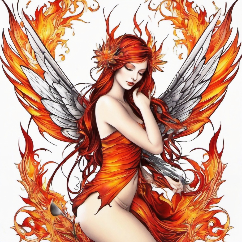 fire fairy tattoo  simple color tattoo,white background