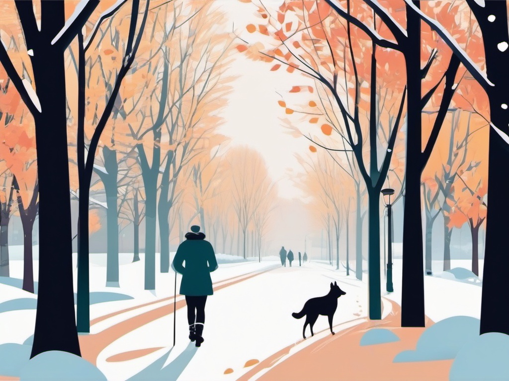 Winter Morning Walk clipart - Morning walk in a snowy park, ,vector color clipart,minimal