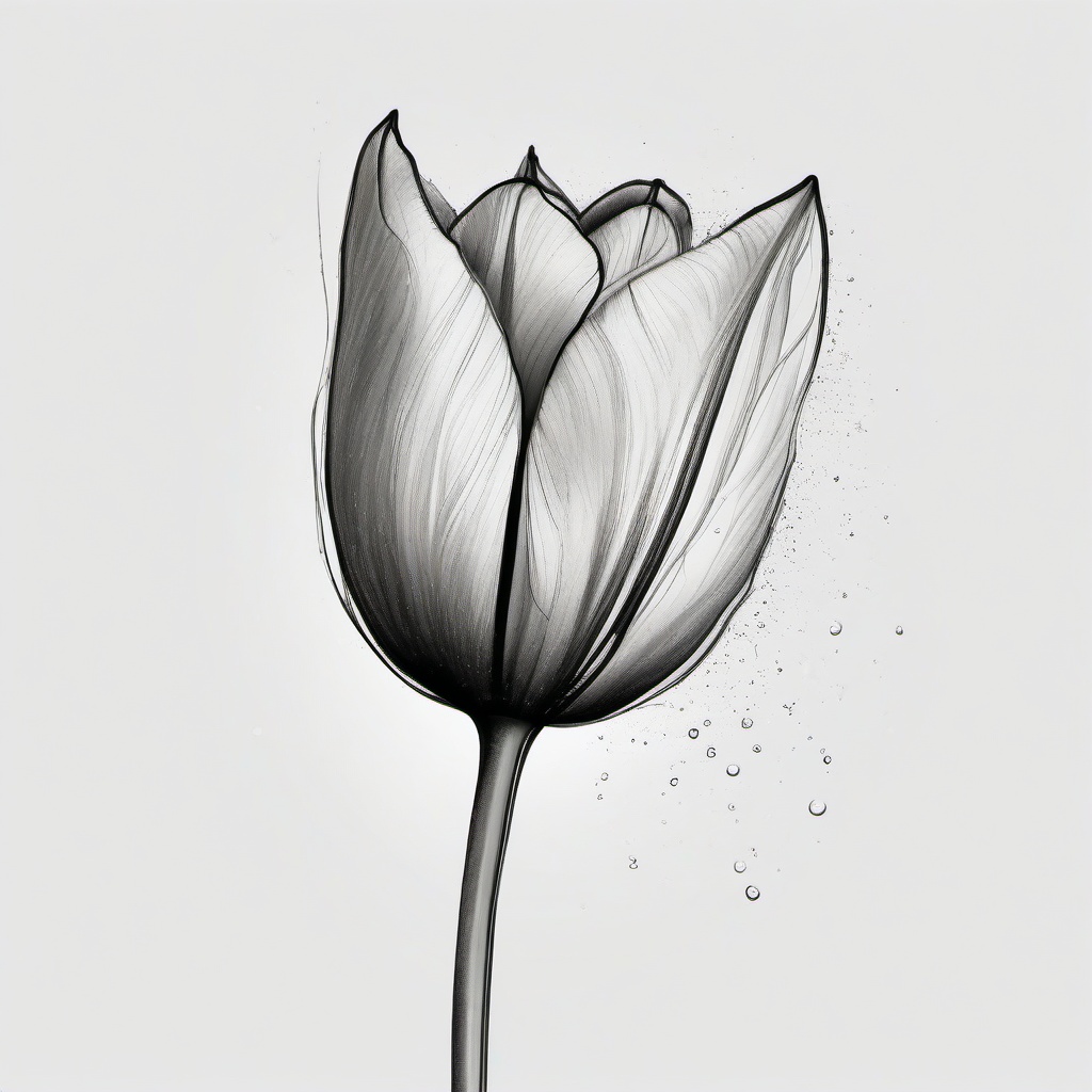 drawing of a tulip with dew drops  minimal rough sketch scribbles,doodles,black and white