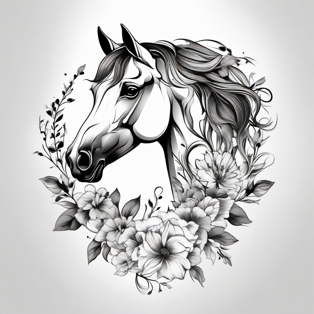 Floral Horse Tattoo - Infuse your ink with the beauty of flowers with a floral horse tattoo, combining the grace of horses with the elegance and symbolism of floral elements.  simple tattoo,minimalist,white background