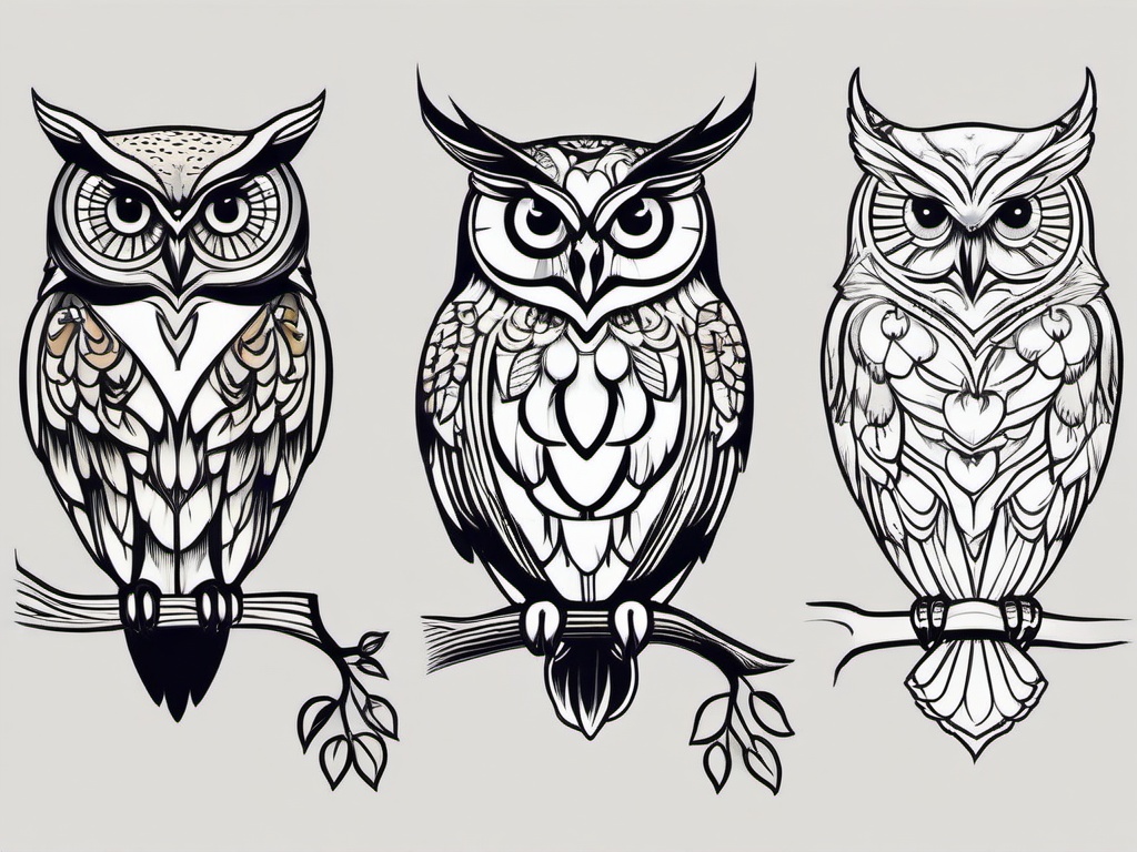 Owl Branch Tattoo - Showcase the natural charm of owls with a tattoo featuring a tree branch.  simple color tattoo,vector style,white background