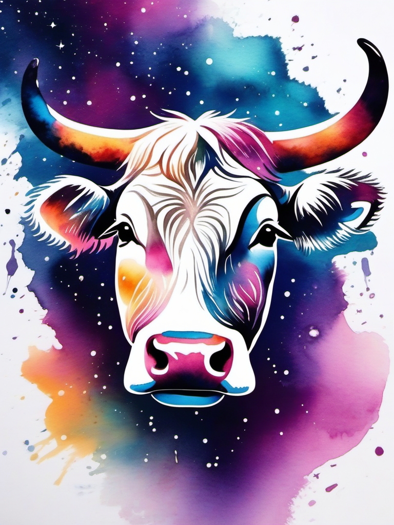 Watercolor cosmic cow ink: Vibrant hues, celestial connection.  simple color tattoo style