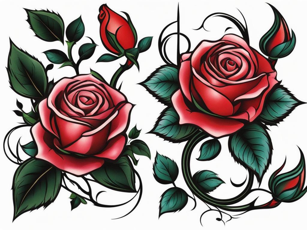 Thorned rose tattoo, Tattoos featuring roses with thorns, symbolizing strength and beauty.  color, tattoo patterns, white clean background