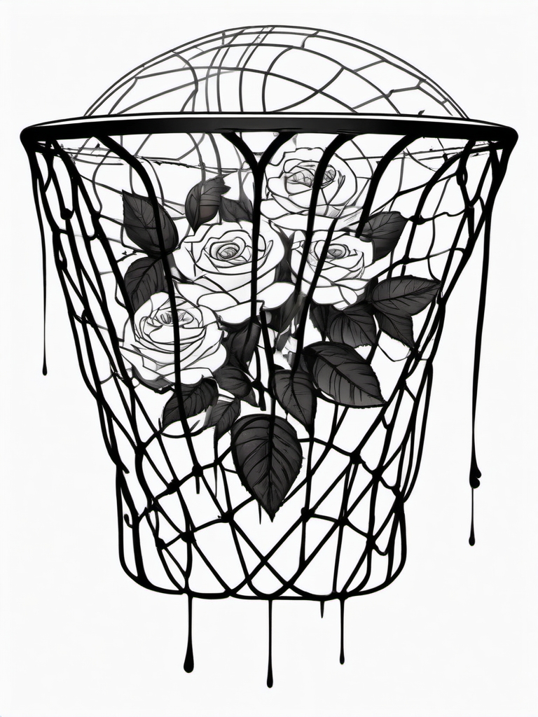 Basketball net with roses ink. Beauty in competition.  black white tattoo style, minimalist design,white background