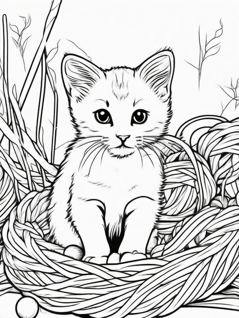 Kitten with Ball of Yarn Coloring Pages - Playful Scene with Yarn  minimal black outline printable sheet, coloring page