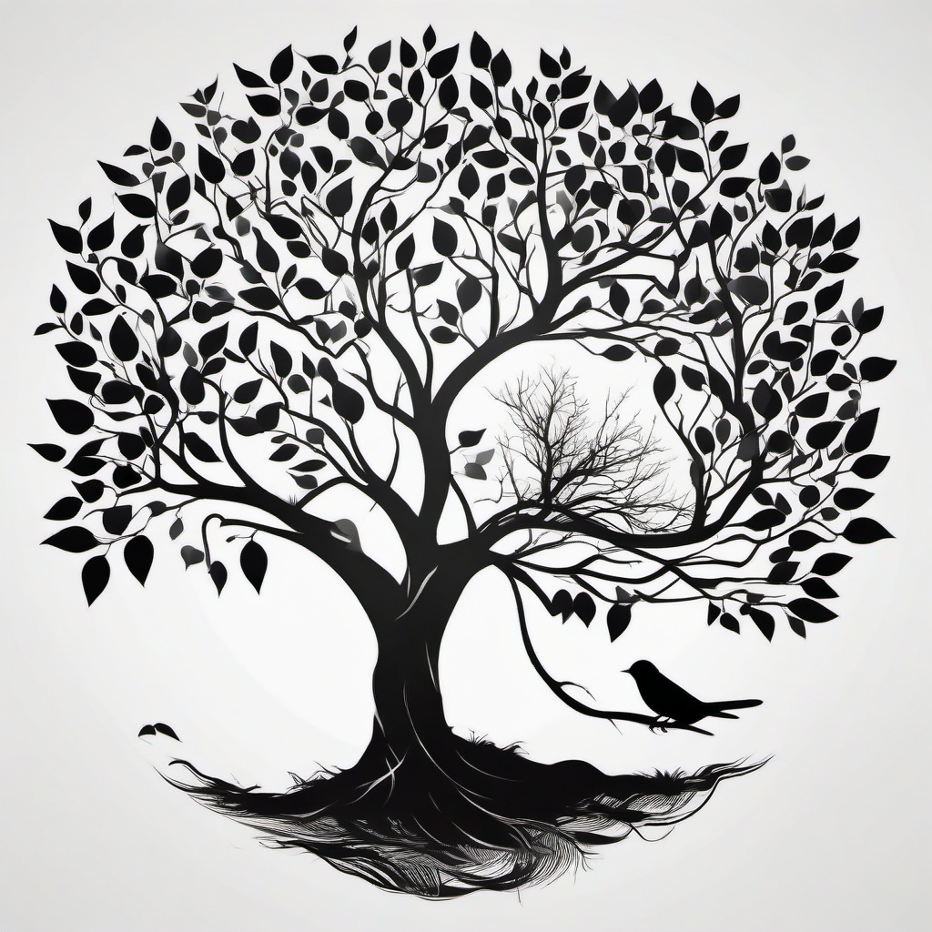 Bird In Tree Tattoo - Bird nestled in tree  minimal tattoo design, white background