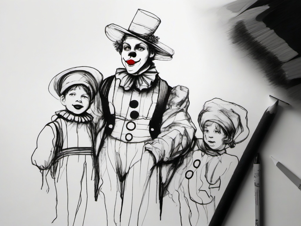 drawing of a clown and children  minimal rough sketch scribbles,doodles,black and white