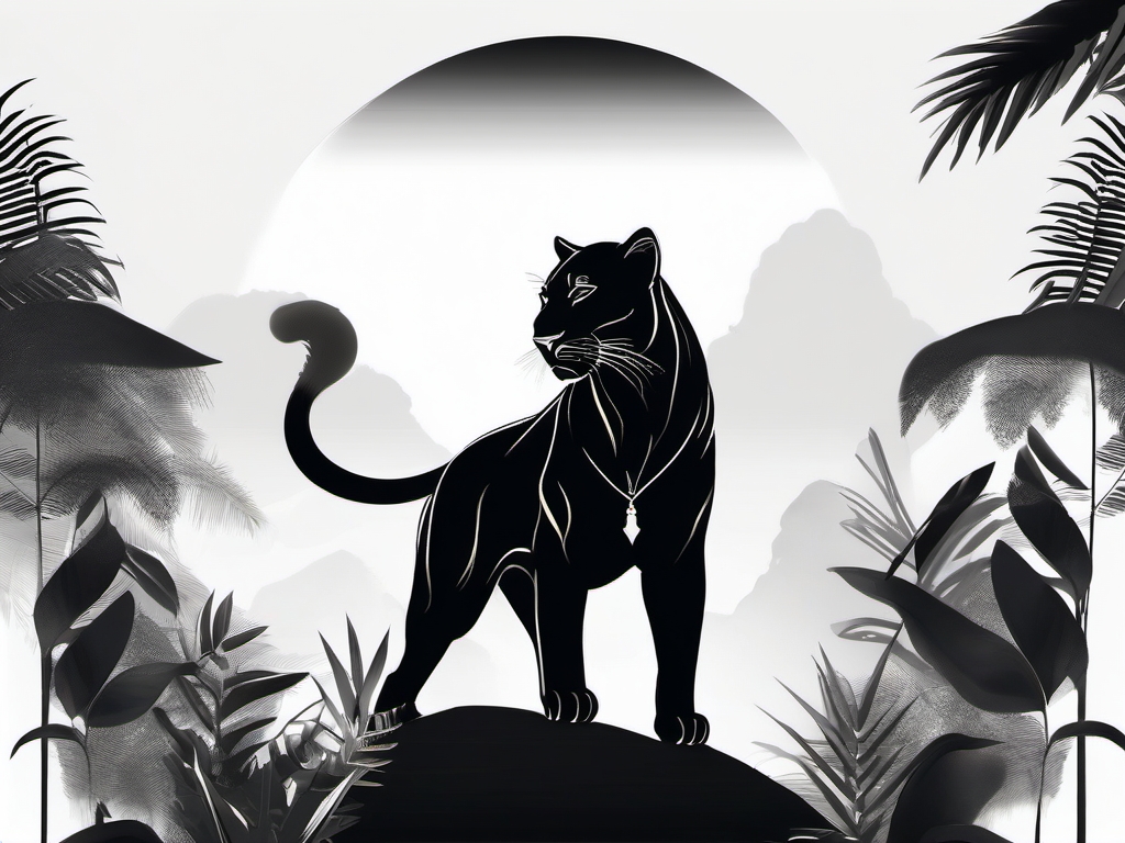 Black panther with golden crown ink. Regal jungle presence.  minimalist black white tattoo style