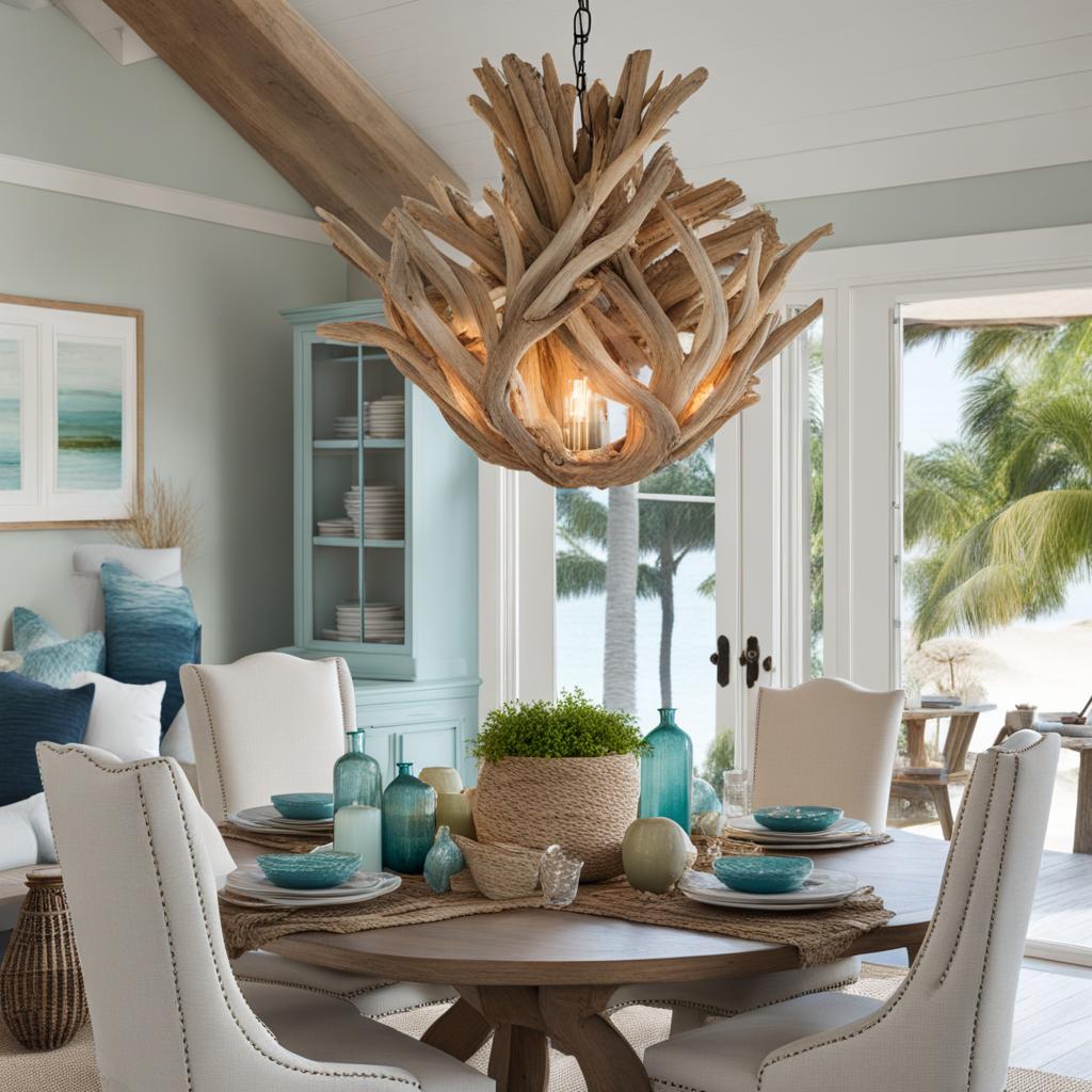 coastal dining room with a driftwood chandelier and beachy decor. 