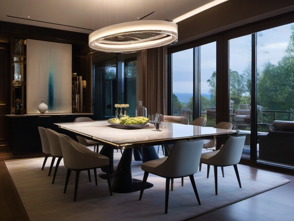 The dining room embodies High Tech interior design with a glass table, modern seating, and advanced lighting systems that create an elegant yet tech-savvy dining experience.  