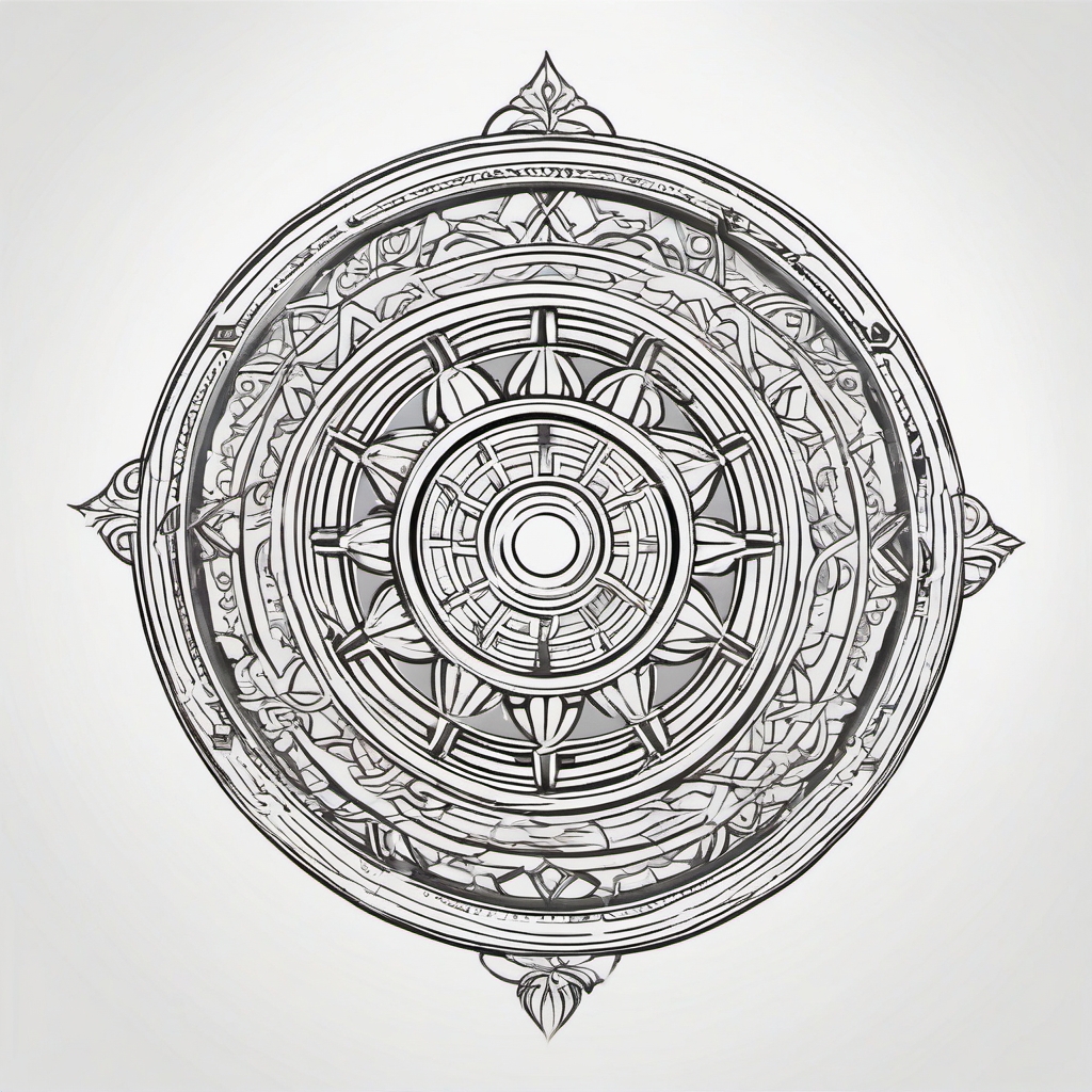 Wheel of Dharma - Spin the Wheel of Dharma and explore the path of destiny with a tattoo inspired by Buddhist teachings.  outline color tattoo,minimal,white background