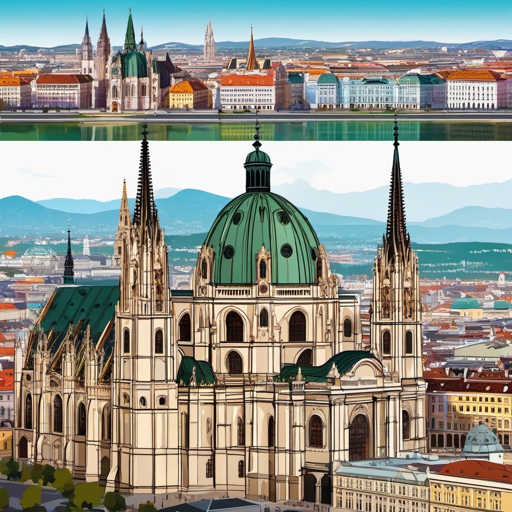 Vienna clipart - St. Stephen's Cathedral and Vienna cityscape, ,color clipart vector style