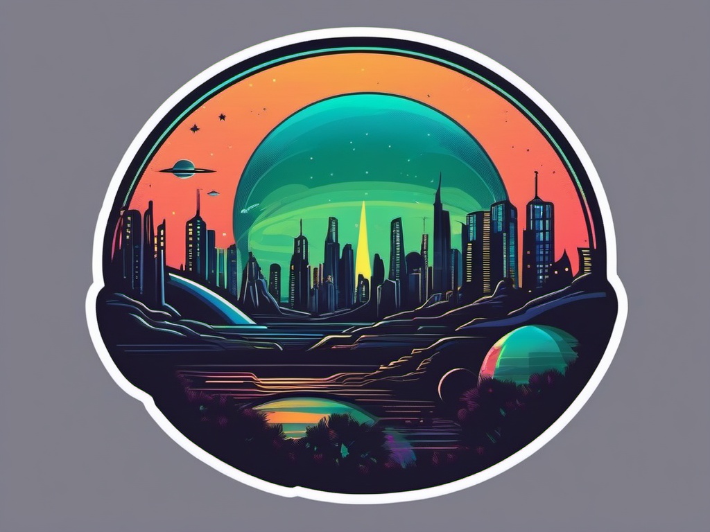 Alien Civilization Sticker - Extraterrestrial cityscape on a distant planet, ,vector color sticker art,minimal