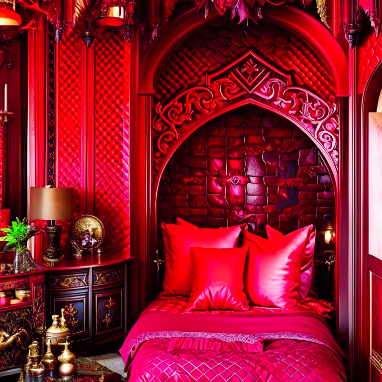 dragon's lair bedroom with dragon scale wallpaper and fiery red accents. 