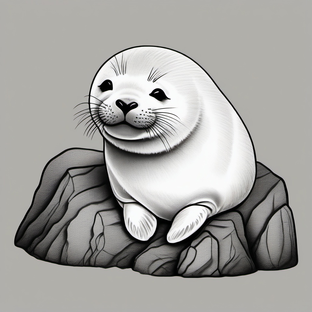 drawing of a baby seal on a rock  minimal rough sketch scribbles,doodles,black and white