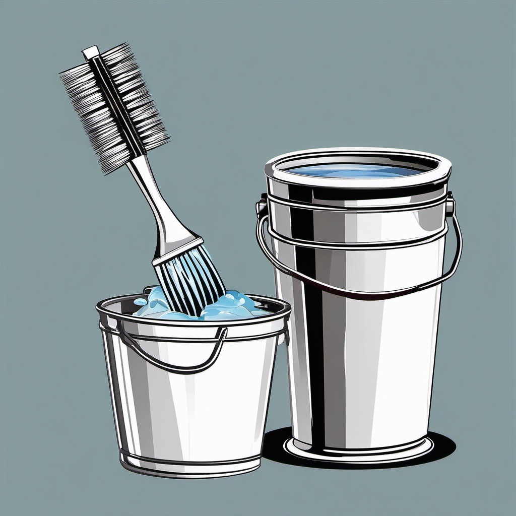 Scrubbing brush and bucket of water clipart.  vector style illustration, white background