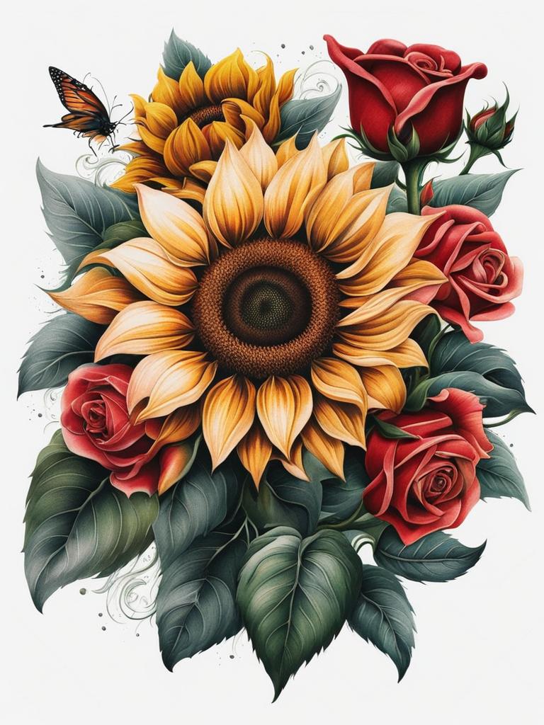 Sunflower and rose tattoo, Creative tattoos that blend the iconic sunflower with the elegance of roses.  vivid colors, white background, tattoo design