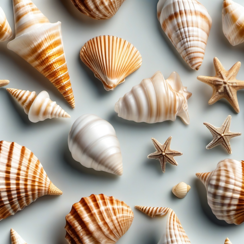 Seashell jewelry and accessories close shot perspective view, photo realistic background, hyper detail, high resolution