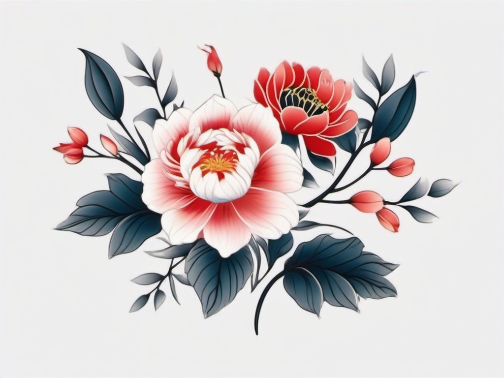 japanese style floral tattoo  simple color tattoo,white background,minimal