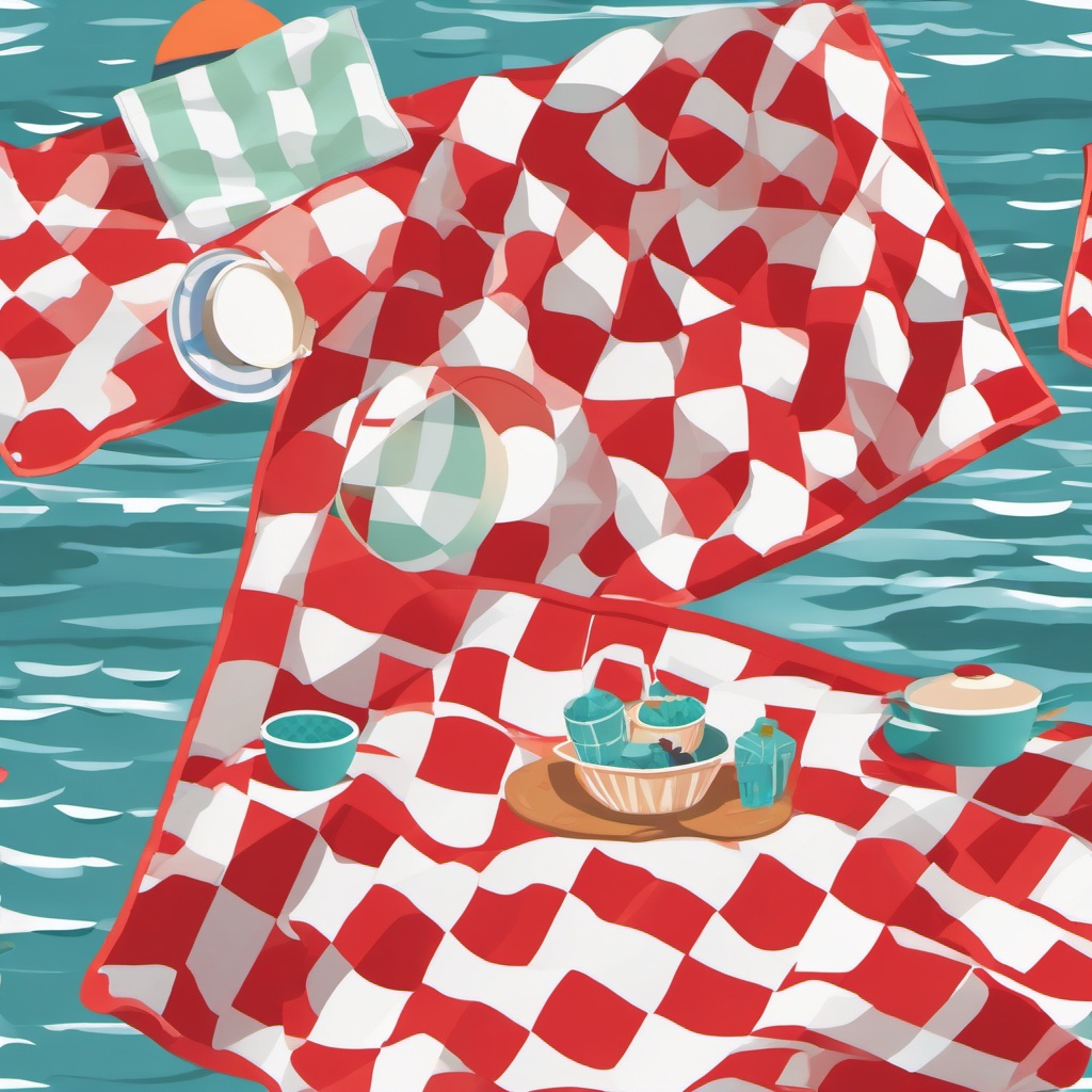 Lakeside Picnic Blanket clipart - A checkered picnic blanket by the water., ,vector color clipart,minimal