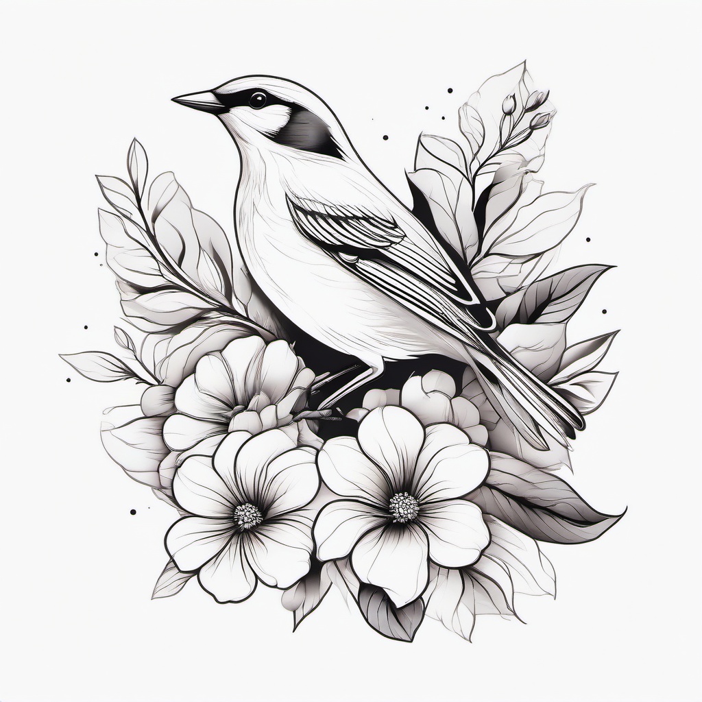 Bird On Flower Tattoo - Bird perched on flower  minimal tattoo design, white background