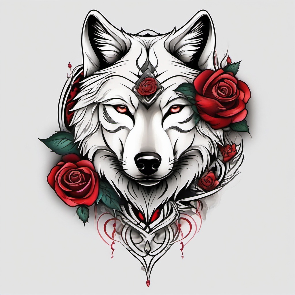 Rose Wolf Tattoo,fusion of the rose and wolf, celebration of the balance between grace and power. , color tattoo design, white clean background