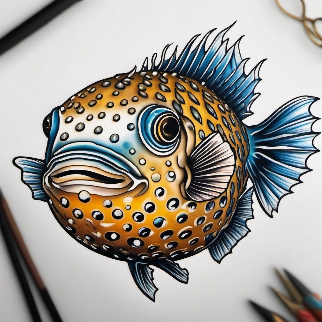 Puffer Fish Tattoo,a captivating tattoo of the charming puffer fish, emblem of uniqueness and adaptability. , color tattoo design, white clean background