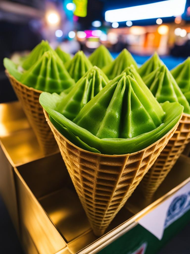 pandan waffle cones, fragrant green waffles, enjoyed at a vibrant night market in bangkok. 