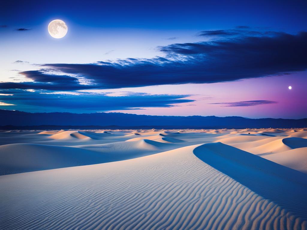 white sands national park - paint the mesmerizing night atmosphere of white sands, where the white gypsum dunes glow softly under the moonlight. 