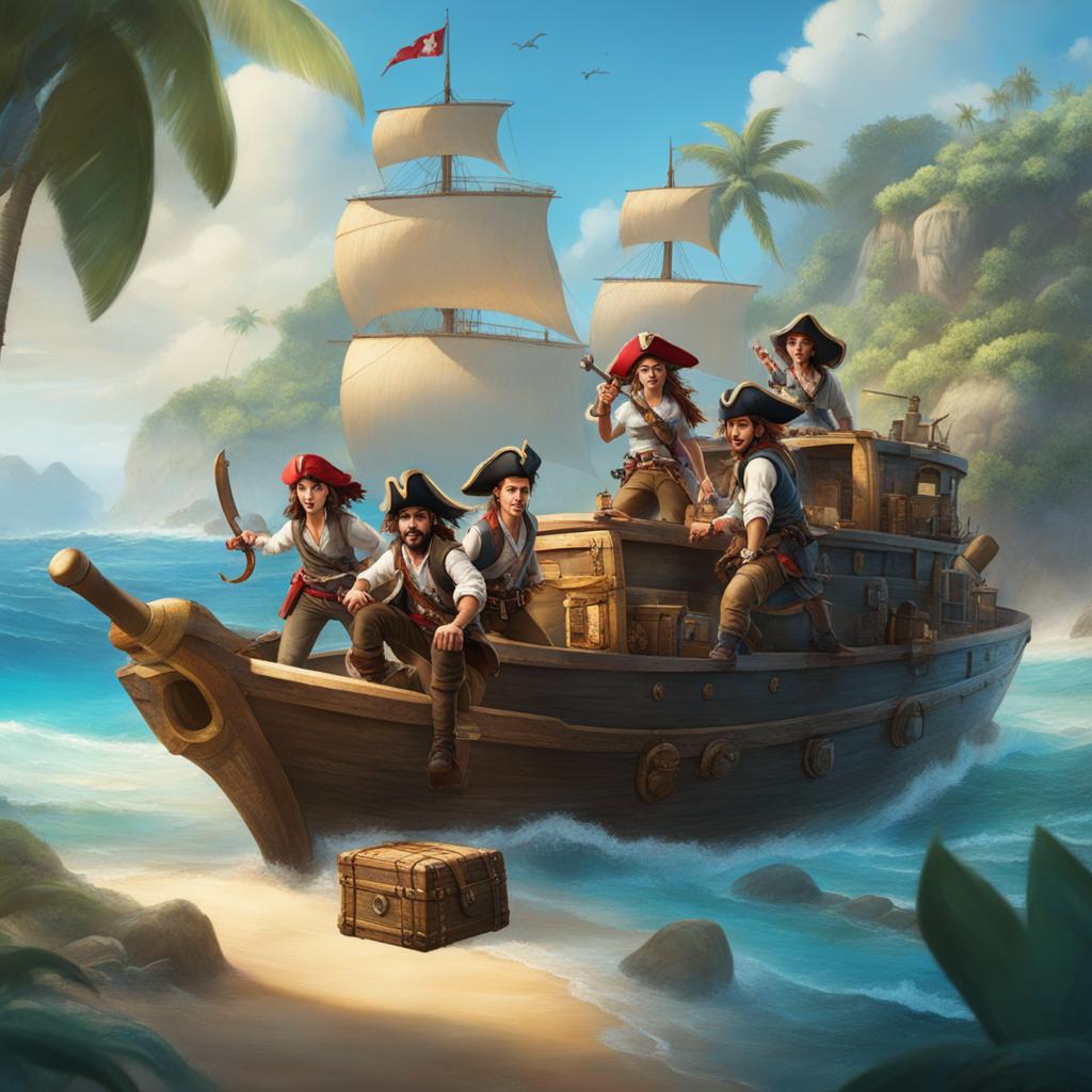 brave pirate crew embarking on a treasure hunt on a remote, uncharted island. 