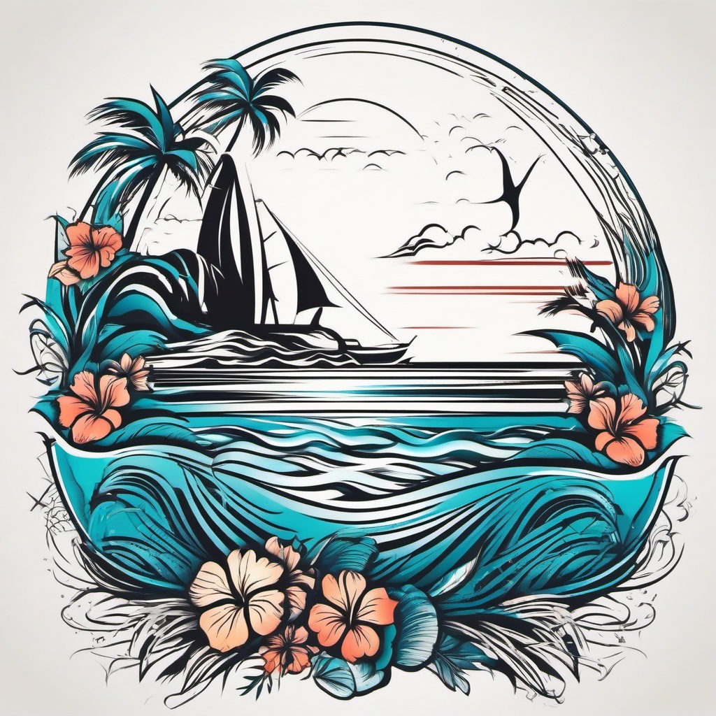 Hawaiian Beach Tattoos - Capture the essence of the Hawaiian coastline with a tattoo featuring beach-inspired elements.  simple vector color tattoo,minmal,white background