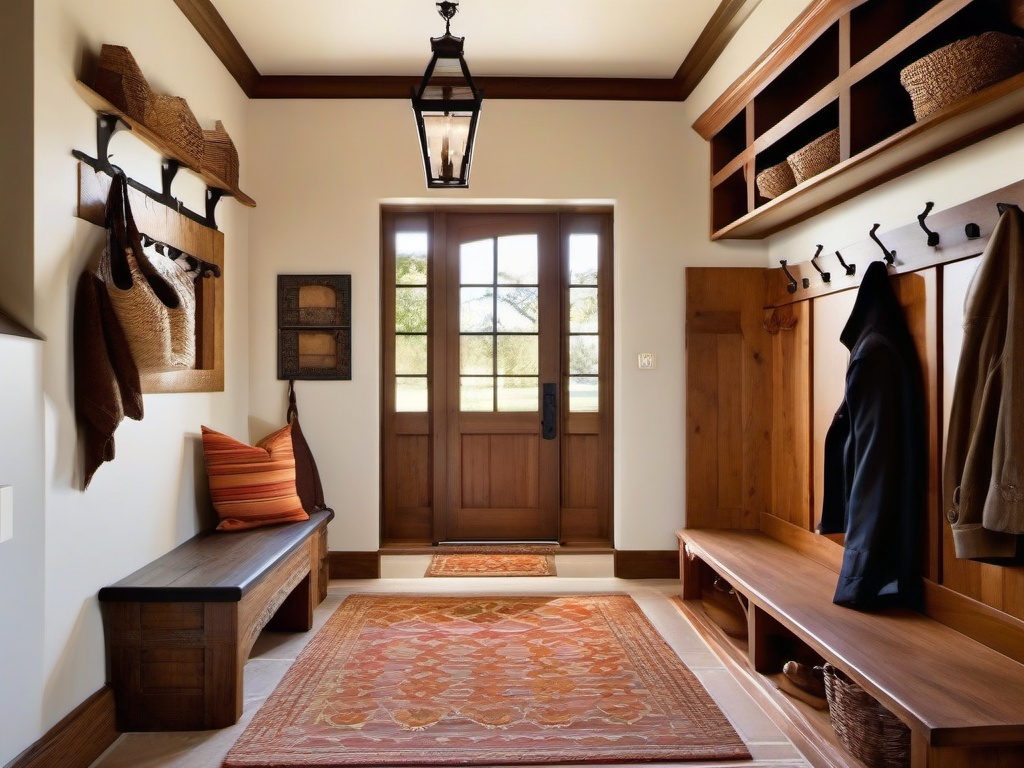 Spanish Revival mudroom incorporates warm colors, rustic furniture, and decorative accents for a vibrant and inviting entry atmosphere.  