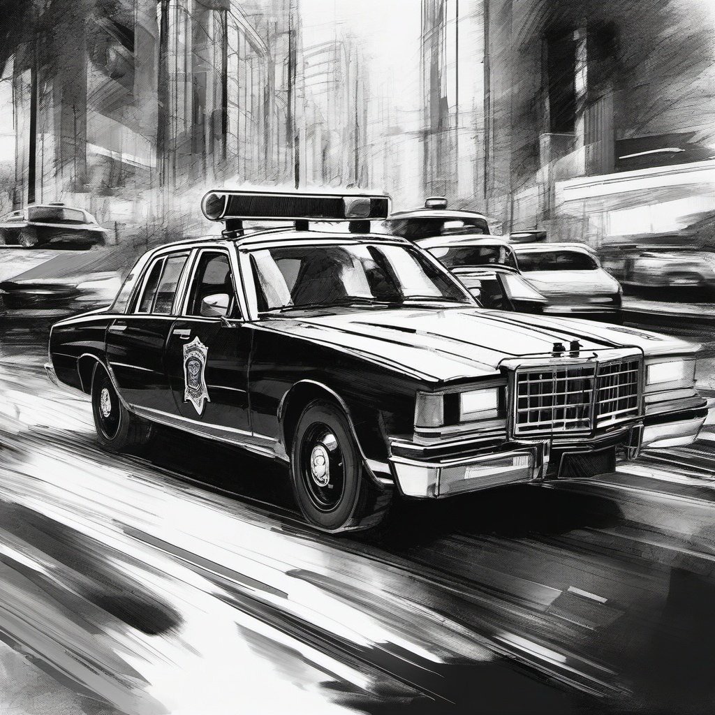 drawing of police car  minimal rough scribbles,doodles,black and white