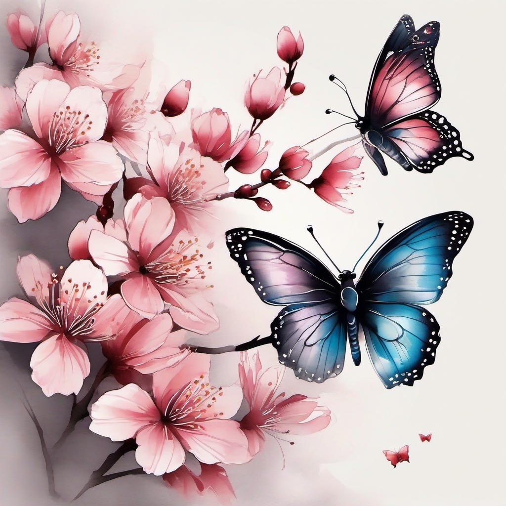 Cherry blossoms with delicate butterflies ink: A fleeting moment of beauty in nature.  simple color tattoo style