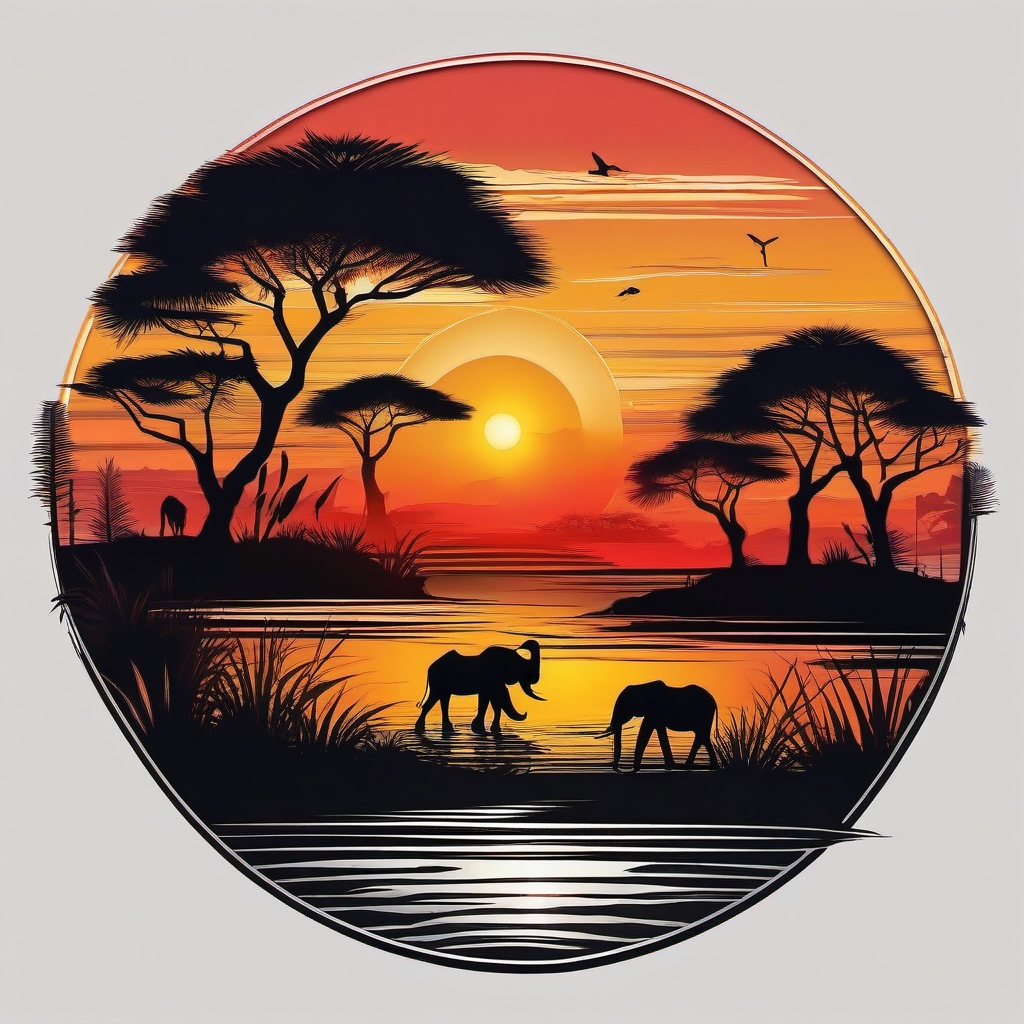 African Tattoo-African sunset landscape tattoo, capturing the beauty of the continent. Colored tattoo designs  color tattoo style, minimalist, white background