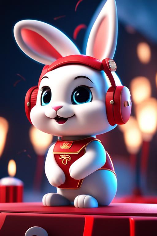 Smiling, happy, cute rabbit bunny robot working on a smartphone, long ears, lunar new year parade, celebration vibe, red main color, congratulation, gongxi facai, fireworks, 3d render, unreal engine 5