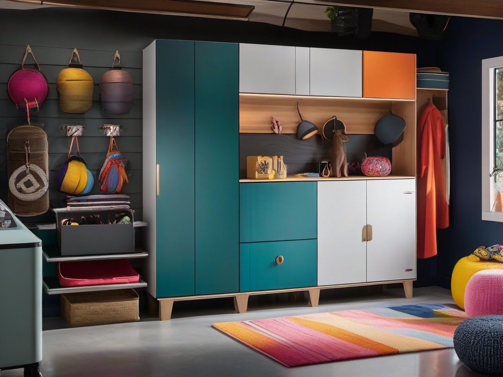 The garage features cosmic chic interior design with organized storage solutions, colorful accents, and playful decor that makes the space more enjoyable and functional.  