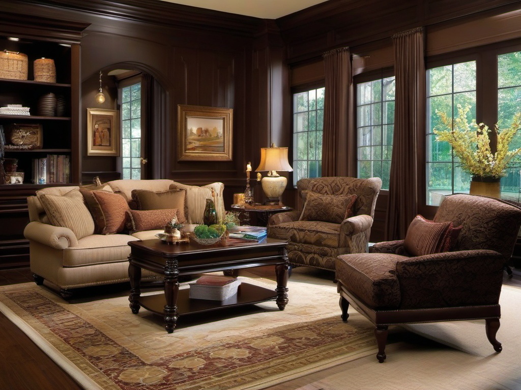 Traditional living room with dark wood furniture and plush carpets.  