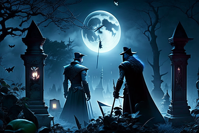 vampire vs dhampir - undead and half-human hunters confront each other in a moonlit cemetery, fangs and stakes drawn for combat. 