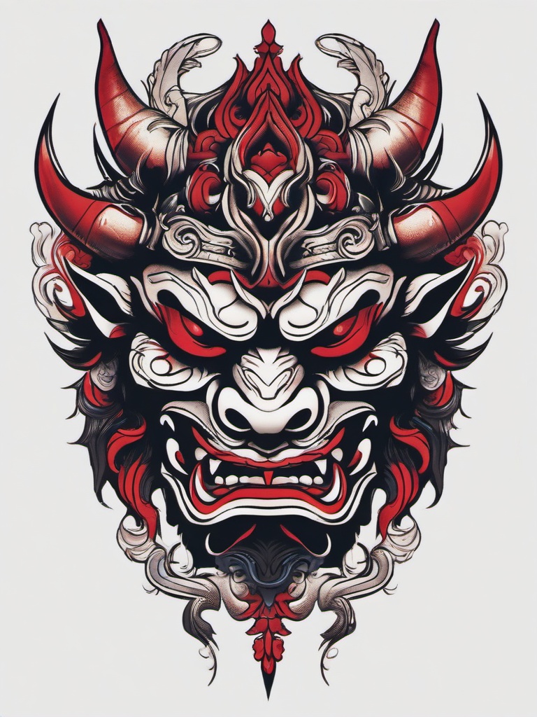 simple oni mask tattoo  simple color tattoo,white background,minimal