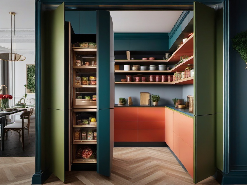 The pantry showcases surrealist interior design with imaginative storage solutions, whimsical decor, and vibrant colors that make food storage both practical and visually appealing.  