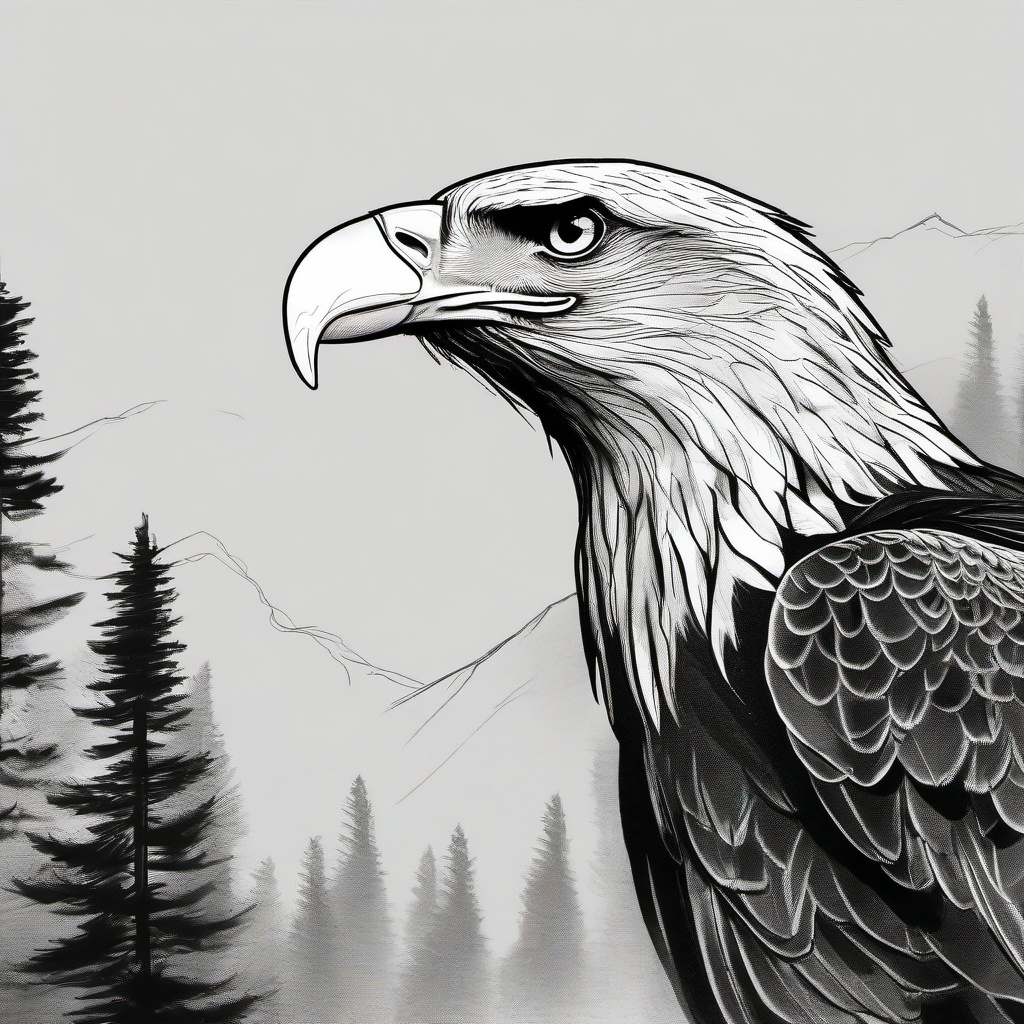 drawing of an eagle above a forest  minimal rough sketch scribbles,doodles,black and white