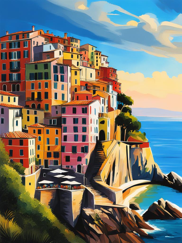 ligurian hilltop villages - create an artwork that highlights the charm of ligurian hilltop villages, with colorful houses perched on steep cliffs. 