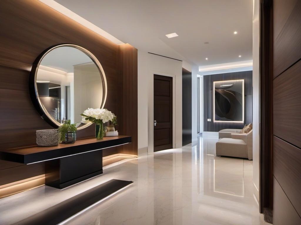 The foyer features High Tech interior design with sleek surfaces, modern decor, and smart lighting that invites guests into a bright and sophisticated home.  