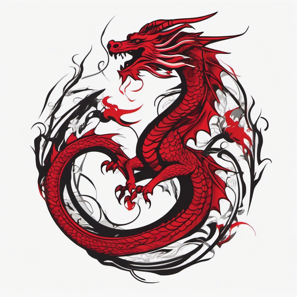 Red Dragon Tattoo Design - Tattoo featuring a dragon with a red color palette.  simple color tattoo,minimalist,white background